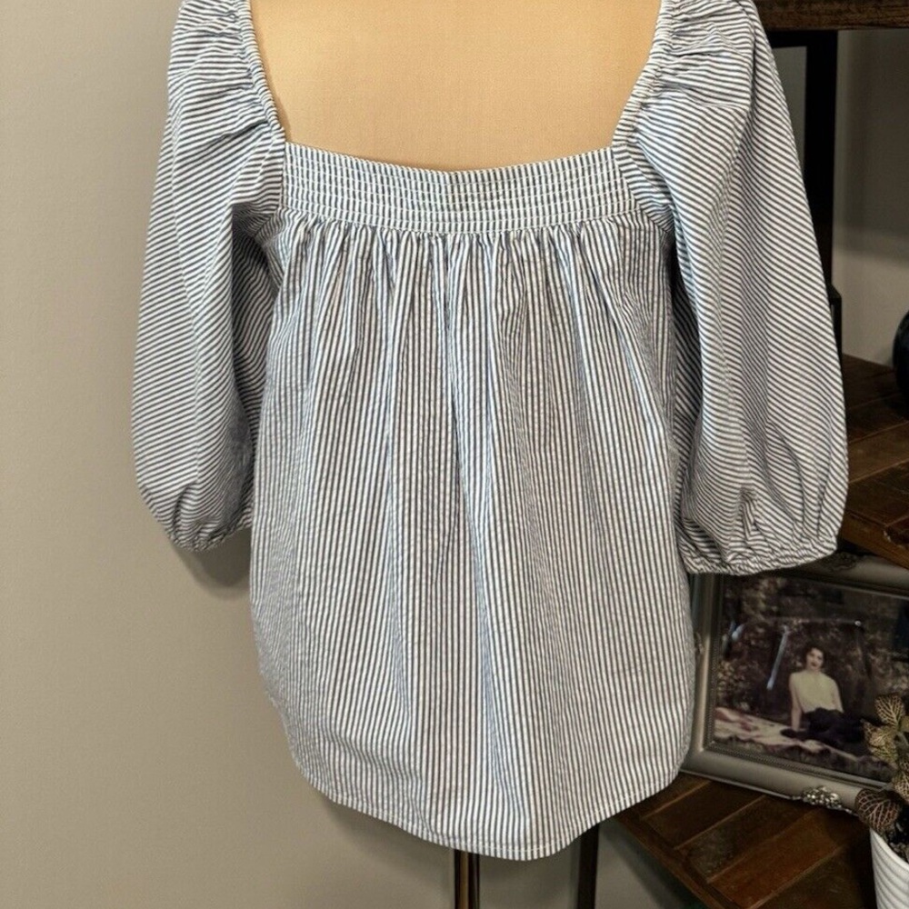 EUC Ann Mashburn Womens Puff Sleeve Top Blouse Blue White Striped